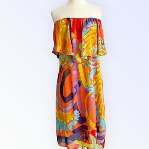 Artex Fashions Watercolor Chiffon Off Shoulder Dress Women’s M (8/10) Orange